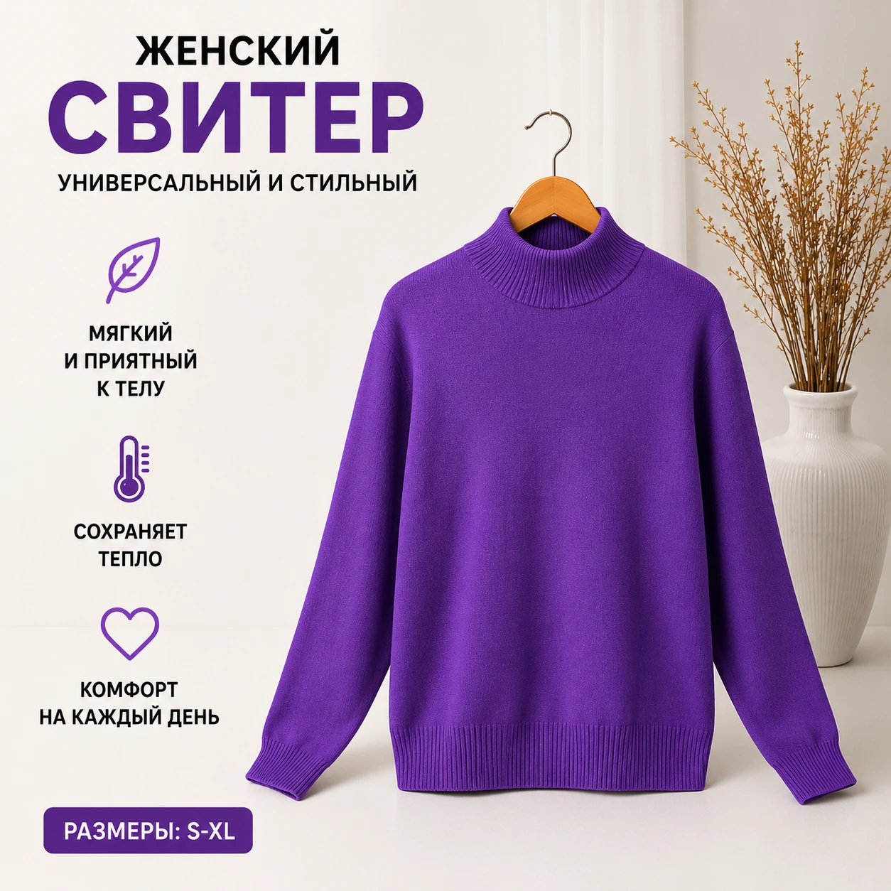 Свитер с высоким воротником (большие размеры)